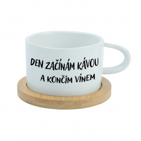 DEN ZAČÍNÁM KÁVOU A KONČÍM VÍNEM - bílý hrníček makronka 200 ml