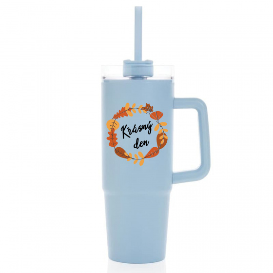 KRÁSNÝ DEN (PODZIM) - světle modrý cestovní termohrnek s průhledným víčkem 900 ml  