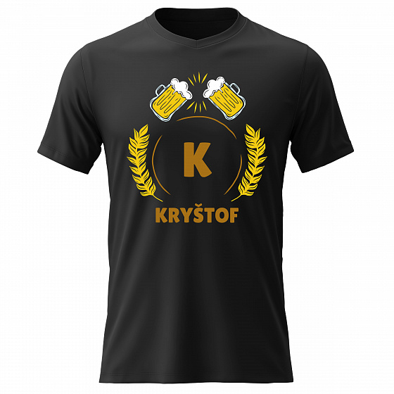 Pánské bavlněné tričko s potiskem - PIVNÍ MOTIV SE JMÉNEM - KRYŠTOF - černé