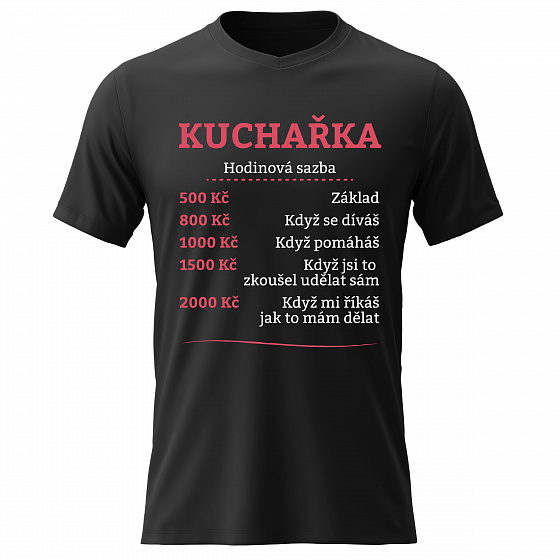 Dámské bavlněné tričko s potiskem - HODINOVÁ SAZBA KUCHAŘKA - černé