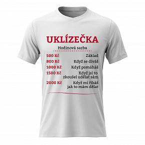 Dámské bavlněné tričko s potiskem - HODINOVÁ SAZBA UKLÍZEČKA - bílé