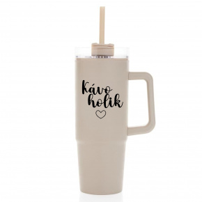 KÁVOHOLIK - béžový cestovní termohrnek s průhledným víčkem 900 ml
