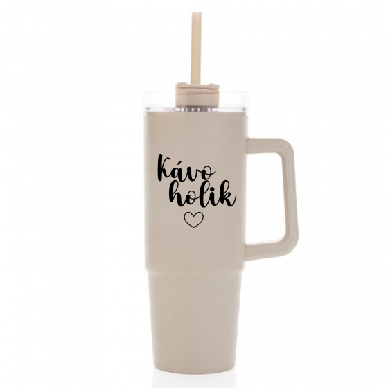 KÁVOHOLIK - béžový cestovní termohrnek s průhledným víčkem 900 ml