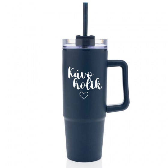 KÁVOHOLIK - modrý cestovní termohrnek s průhledným víčkem 900 ml