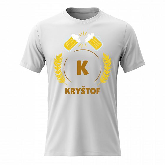 Pánské bavlněné tričko s potiskem - PIVNÍ MOTIV SE JMÉNEM - KRYŠTOF - bílé