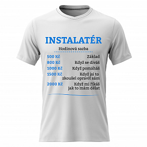 Pánské bavlněné tričko s potiskem - HODINOVÁ SAZBA - INSTALATÉR - bílé