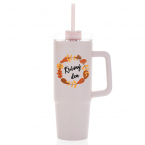 KRÁSNÝ DEN (PODZIM) - růžový cestovní termohrnek s průhledným víčkem 900 ml  