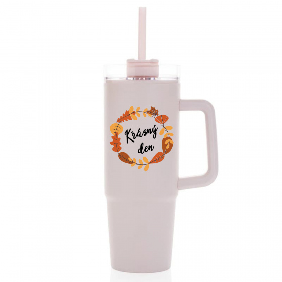 KRÁSNÝ DEN (PODZIM) - růžový cestovní termohrnek s průhledným víčkem 900 ml  