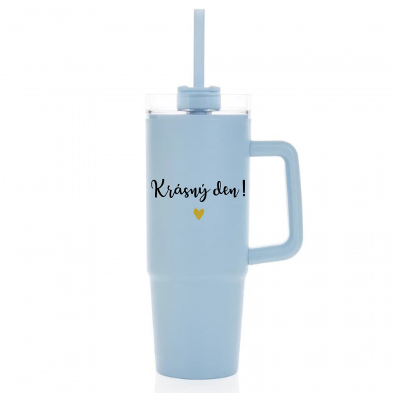 KRÁSNÝ DEN - světle modrý cestovní termohrnek s průhledným víčkem 900 ml  
