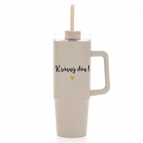 KRÁSNÝ DEN - béžový cestovní termohrnek s průhledným víčkem 900 ml  