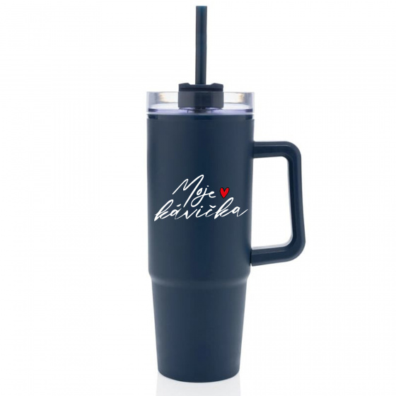 MOJE KÁVIČKA - modrý cestovní termohrnek s průhledným víčkem 900 ml