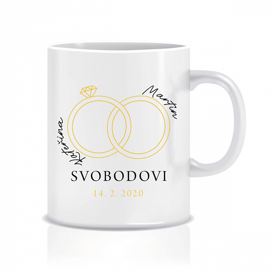 Personalizovaný klasický bílý keramický hrníček 300 ml s prstýnky a jmény