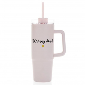 KRÁSNÝ DEN - růžový cestovní termohrnek s průhledným víčkem 900 ml  