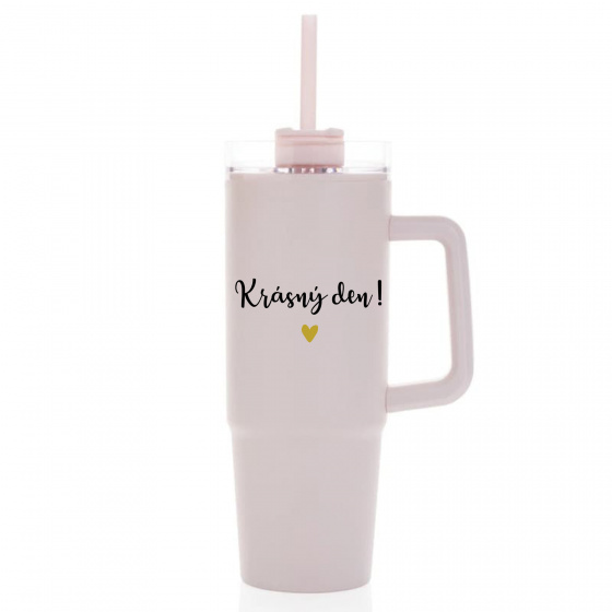 KRÁSNÝ DEN - růžový cestovní termohrnek s průhledným víčkem 900 ml  