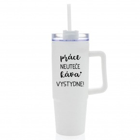 PRÁCE NEUTEČE, KÁVA VYSTYDNE! - bílý cestovní termohrnek s průhledným víčkem 900 ml  
