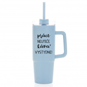 PRÁCE NEUTEČE, KÁVA VYSTYDNE! - světle modrý cestovní termohrnek s průhledným víčkem 900 ml  