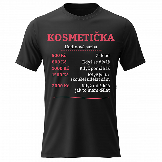 Dámské bavlněné tričko s potiskem - HODINOVÁ SAZBA KOSMETIČKA - černé