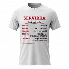 Dámské bavlněné tričko s potiskem - HODINOVÁ SAZBA SERVÍRKA - bílé