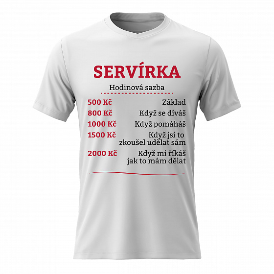 Dámské bavlněné tričko s potiskem - HODINOVÁ SAZBA SERVÍRKA - bílé