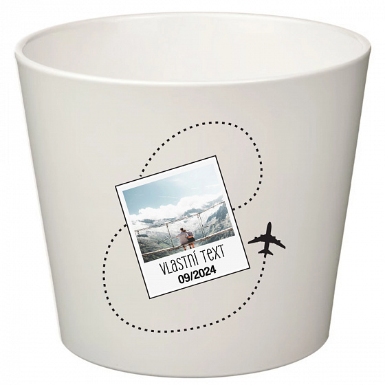 Bílý keramický květináč s cestovatelským motivem - malý