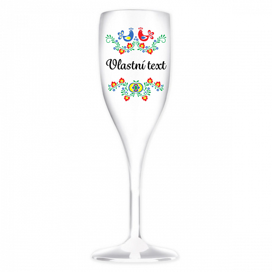 Personalizovaná bílá nerozbitná prosecco sklenice s folklórním vzorem