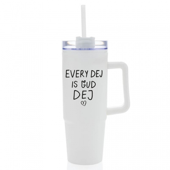 EVERY DEJ IS GUD DEJ - bílý cestovní hrnek s průhledným víčkem 900 ml  