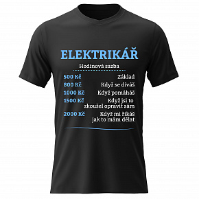 Pánské bavlněné tričko s potiskem - HODINOVÁ SAZBA - ELEKTRIKÁŘ - černé