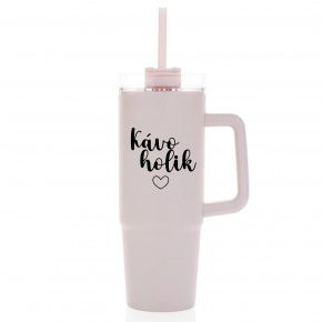 KÁVOHOLIK - růžový cestovní termohrnek s průhledným víčkem 900 ml