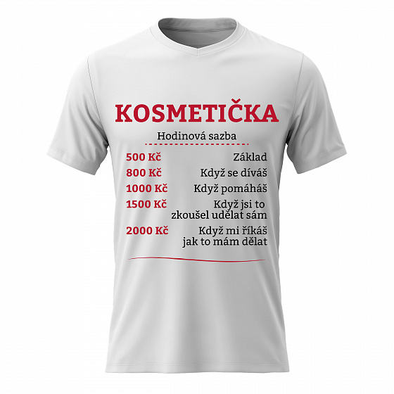 Dámské bavlněné tričko s potiskem - HODINOVÁ SAZBA KOSMETIČKA - bílé