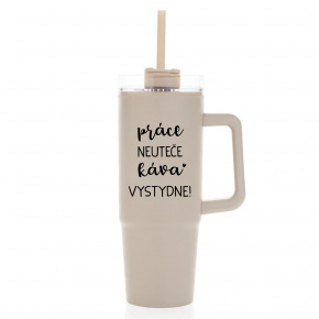 PRÁCE NEUTEČE, KÁVA VYSTYDNE! - béžový cestovní termohrnek s průhledným víčkem 900 ml  