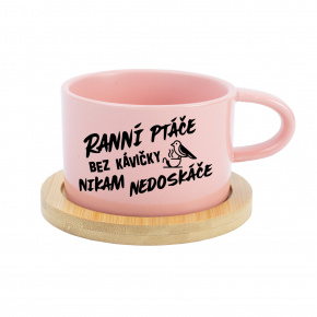 RANNÍ PTÁČE BEZ KÁVIČKY NIKAM NEDOSKÁČE - růžový hrníček makronka 200 ml
