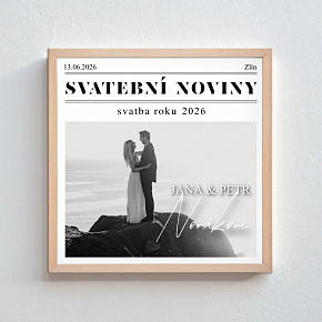 Personalizovaný magický fotoobraz v rámu - čtverec 20x20 - svatební noviny Personalizovaný magický fotoobraz v rámu - čtverec 20x20 - svatební noviny