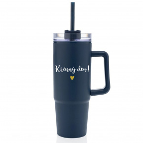 KRÁSNÝ DEN - modrý cestovní termohrnek s průhledným víčkem 900 ml  