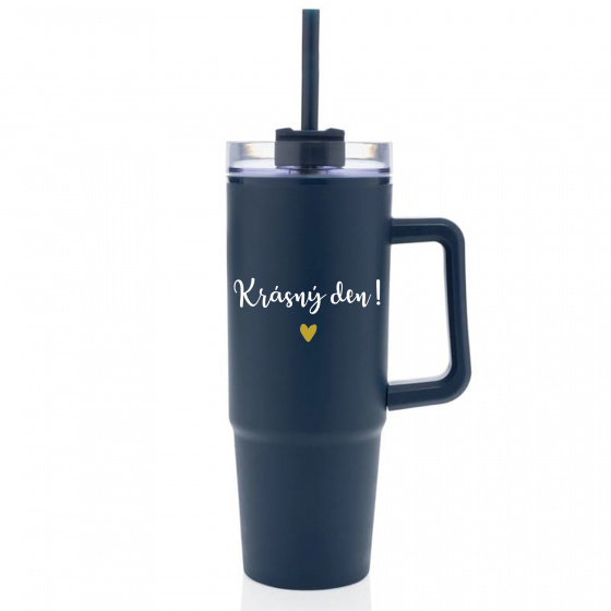 KRÁSNÝ DEN - modrý cestovní termohrnek s průhledným víčkem 900 ml  