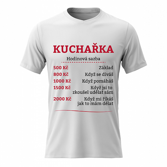 Dámské bavlněné tričko s potiskem - HODINOVÁ SAZBA KUCHAŘKA - bílé