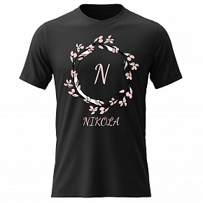 Dámské bavlněné tričko s potiskem - KVĚTINOVÝ MOTIV SE JMÉNEM - NIKOLA - černé