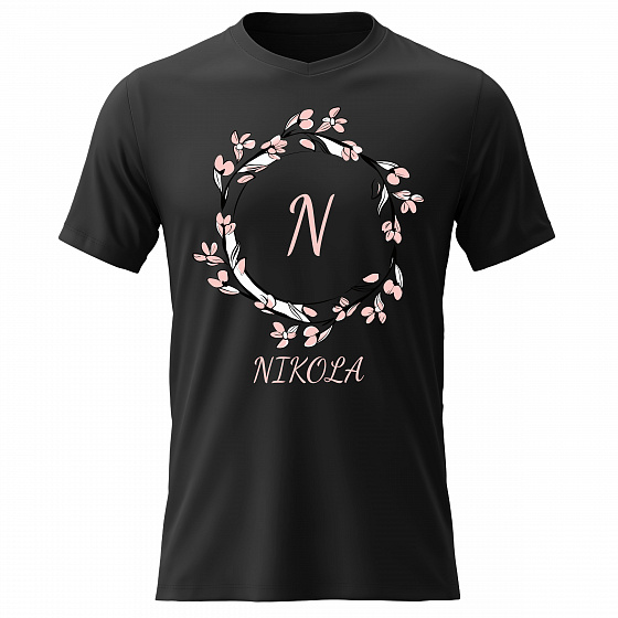 Dámské bavlněné tričko s potiskem - KVĚTINOVÝ MOTIV SE JMÉNEM - NIKOLA - černé